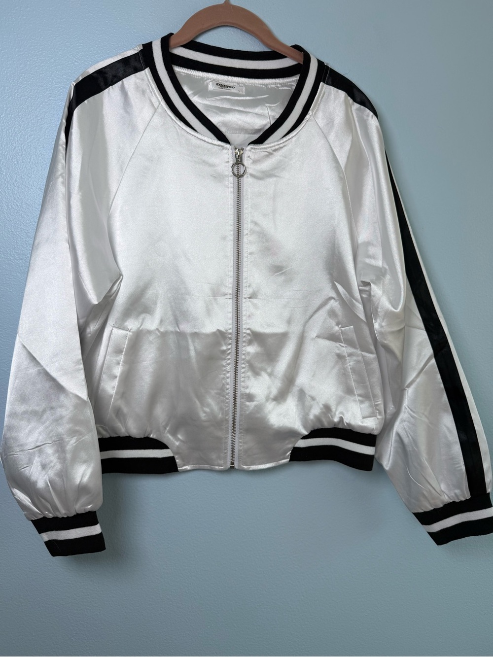 zeagoo White Satin Bomber Jacket with Black Trim